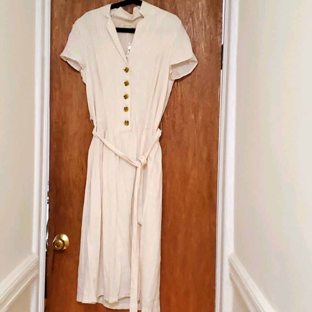 Blush and white striped tea length dress